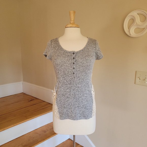 paper + tee Grey Crochet Detailed Short Sleeve Top Size M - Picture 3 of 9
